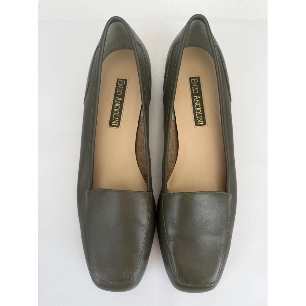 Enzo Angiolini Liberty Loafers Olive Green Leather Square Toe Vintage 8N Narrow